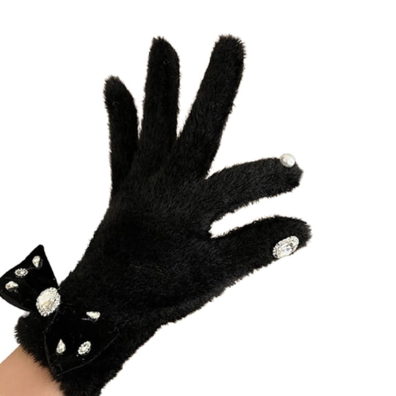Aellinatey Rhinestone&Bowknot Full Finger Glove Winter Knit Warm Mittens for Women Girls