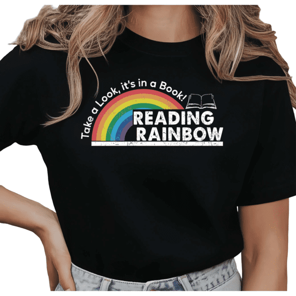 Women's Reading Rainbow Take a Look It's in a Book Graphic T Shirt Retro Rainbow Casual Short Sleeve Round Neck Top Black S-5XL
