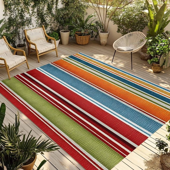 Modern Red Orange Blue Stripes Outdoor Area Rug 6x9ft Decorative Indoor Outdoor Rug Abstract Fabric Stripes Patio Area Rug for Porch, Deck, Balcony, Entryway, Camping & RV