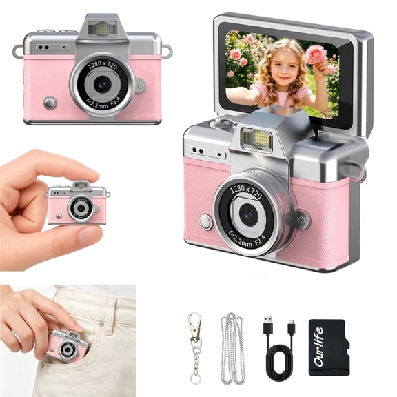 Ourlife Mini Keychain Digital Camera 2MP Portable Pocket Camera with Flip Screen 1080P Small Camera with 32GB Card for Kids,Travel,Beginners,Party Built-in Filters 2H Battery Rechargeable Pink