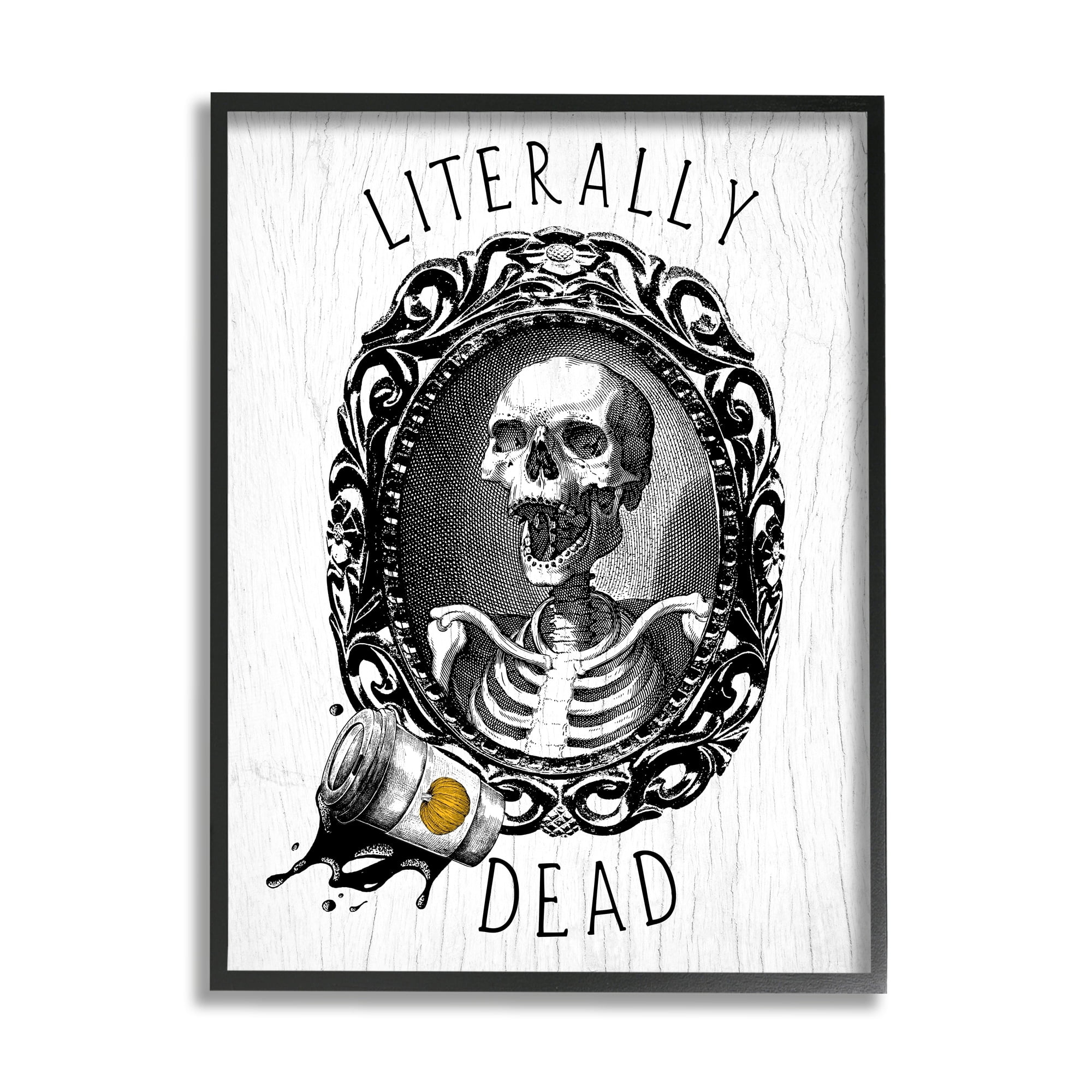 Stupell Industries Literally Dead Skeleton Spilled Coffee Ornate Design Graphic Art White Framed Art Print Wall Art, Design by Daphne Polselli