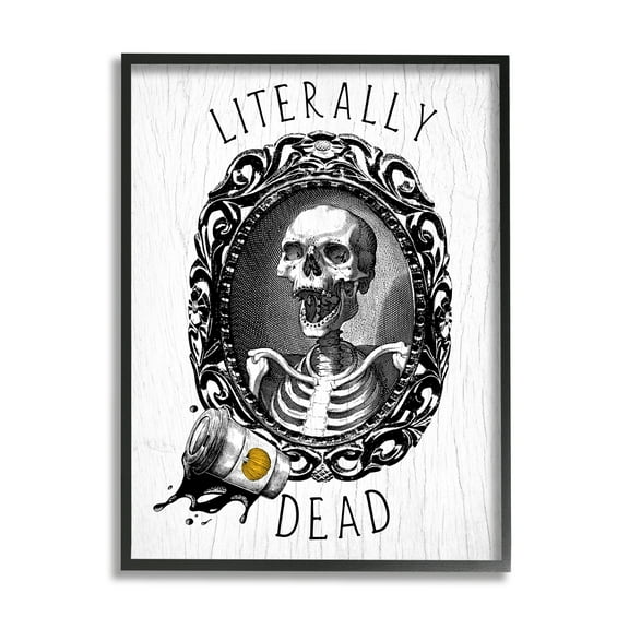 Stupell Industries Literally Dead Skeleton Spilled Coffee Ornate Design Graphic Art Black Framed Art Print Wall Art, Design by Daphne Polselli