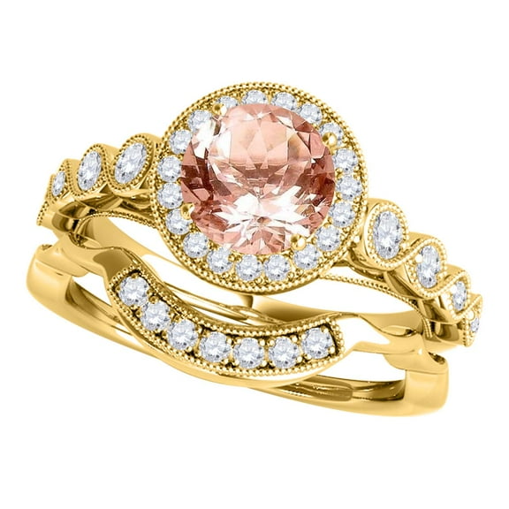 Mauli Jewels Engagement Rings for Women 1.25 Carat Halo Morganite And Diamond Bridal Set Prong-Setting 14k Yellow Gold