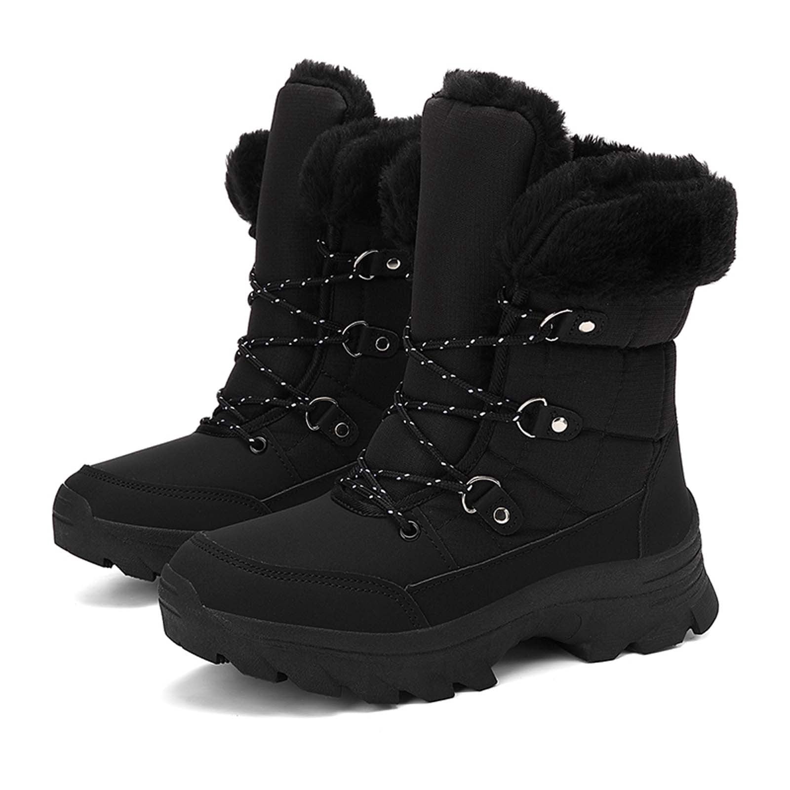 Gyexs Womens Winter Snow Boots Waterproof Shoes Walking Comfortable Hiking Tennis Booties Furry Mid Calf Warm Lightweight Sports Shoes, Black, Size 9