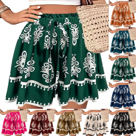 Women's Boho Printed Shorts High Waist Elastic Drawstring Flowy Casual Summer Outfit Loose Fit Wide Leg Lounge Beach Vacation Festival Streetwear Beige L