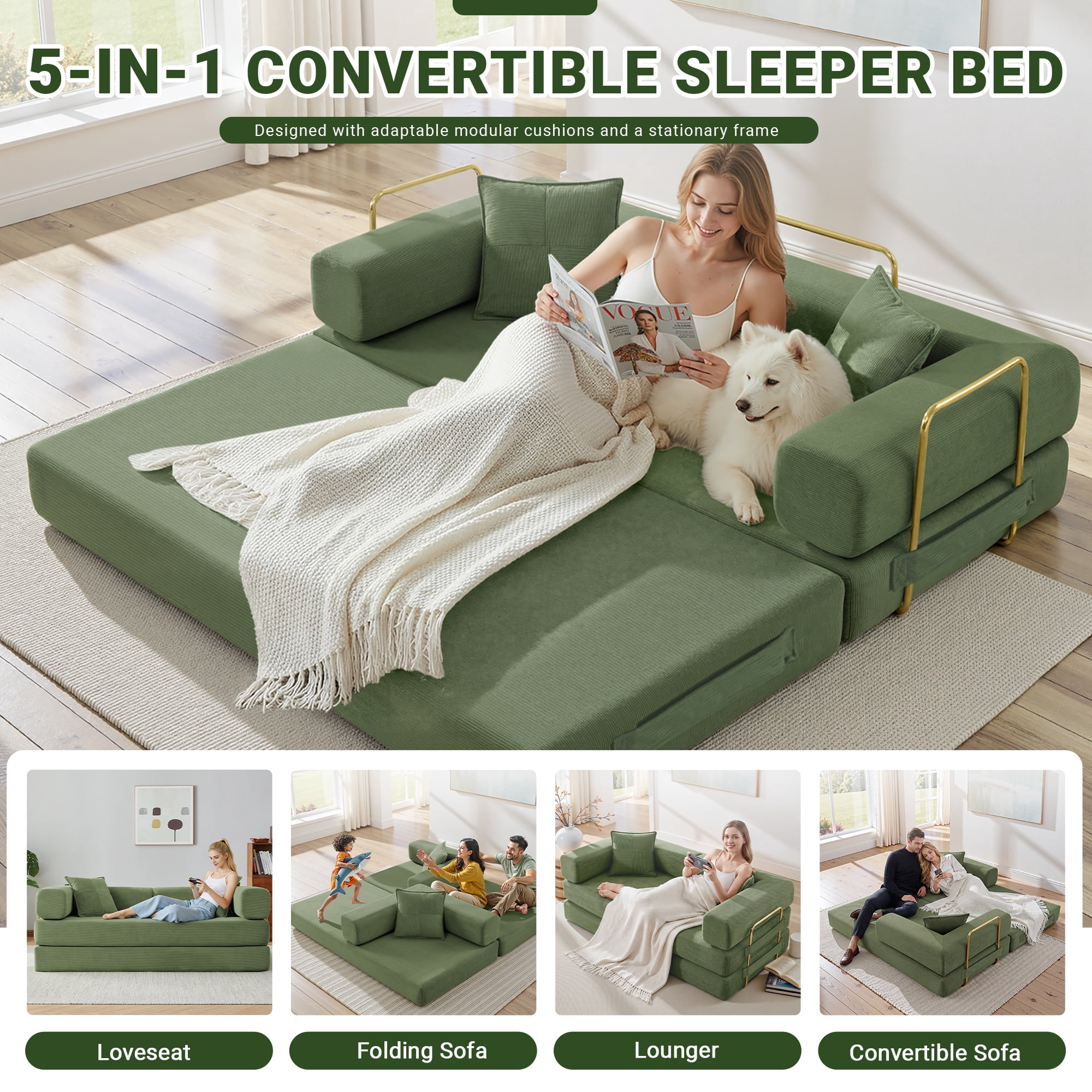 Vanress 79" Convertible Sofa Bed, Folding Sleeper Sofa Couch Bed with Fixed-Shape Frame, Fold Out Sleeper Loveseat, Corduroy Boneless Futon Bed, No Assembly Required for Living Room & Bedroom, Green