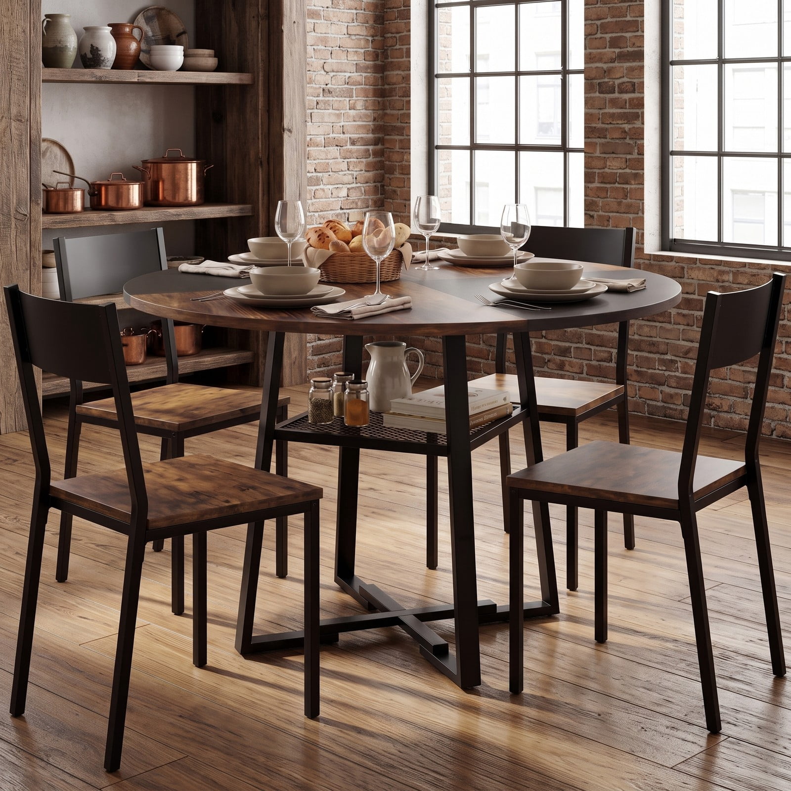 Furnibear 47.5" Round Dining Table for 4-6 with Storage Shelf, Metal Legs and Rubber Wood Frame, Farmhouse Kitchen Dinette Table with Mesh Shelf for Home, Rustic Brown