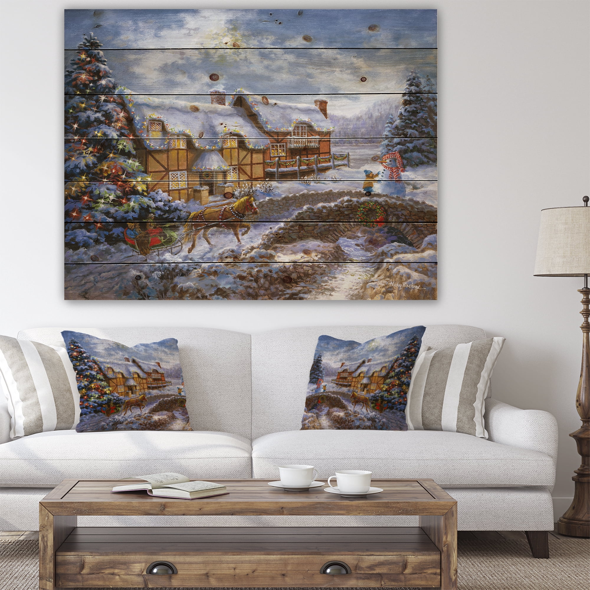 Designart 'Christmas Tree with horse and open sleigh in winter landscape' Print on Natural Pine Wood