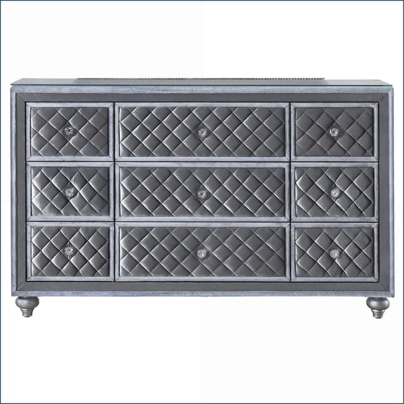 Dressers, Glam 9-Drawer with Tempered Glass Top & Velvet Tufted Fronts | Gray | Wood