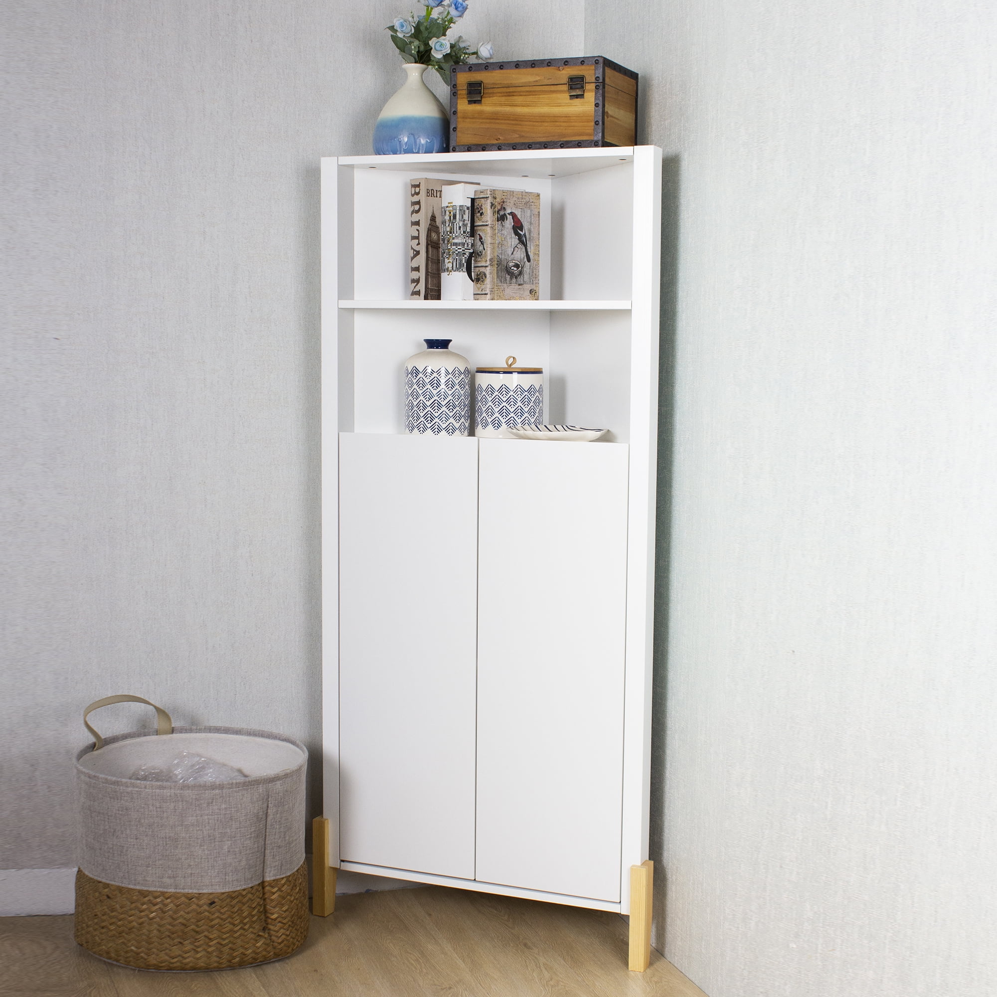 Wooden Corner Cabinet with Two Doors and 4-Tier Shelves, Corner Storage Cabinet Bookshelf