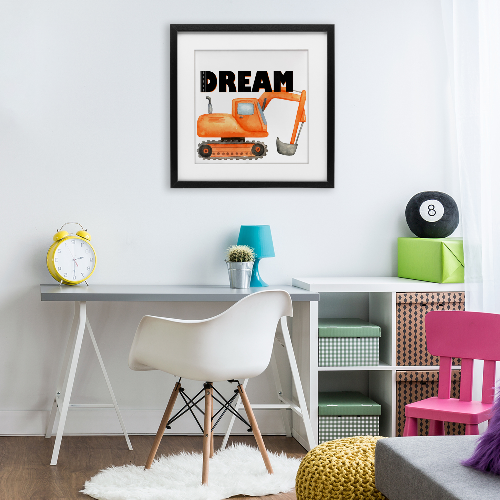 Dream with Orange Excavator Black Framed Print Under Glass, design by Kim Allen