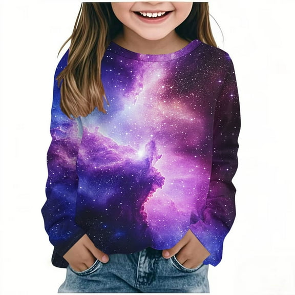MKOSPLRT Girls Long Sleeve T Shirts Round Neck 3D Graphic Tops Trendy Going Out Tees Casual Loose Shirts 3-14 Years Gifts for Kid