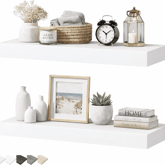 Induslyfe Large White Floating Wall Shelves, Wood Wall Mounted Shelf, Set, 22.5 x 6.7 in, Set of 2, shelf over toilet farmhouse decor