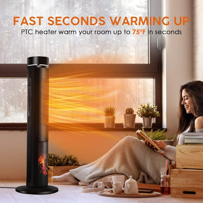 Nordic Hygge Ceramic Tower Space Heater, 3D Realistic Flame