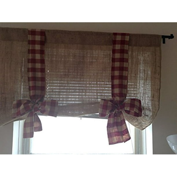 Km Curtains Burlap Tie Up Valance With Burdy Gingham 40 X 28 Com Km Curtains Burlap Tie Up Valance With, Brown Tie Up Curtains