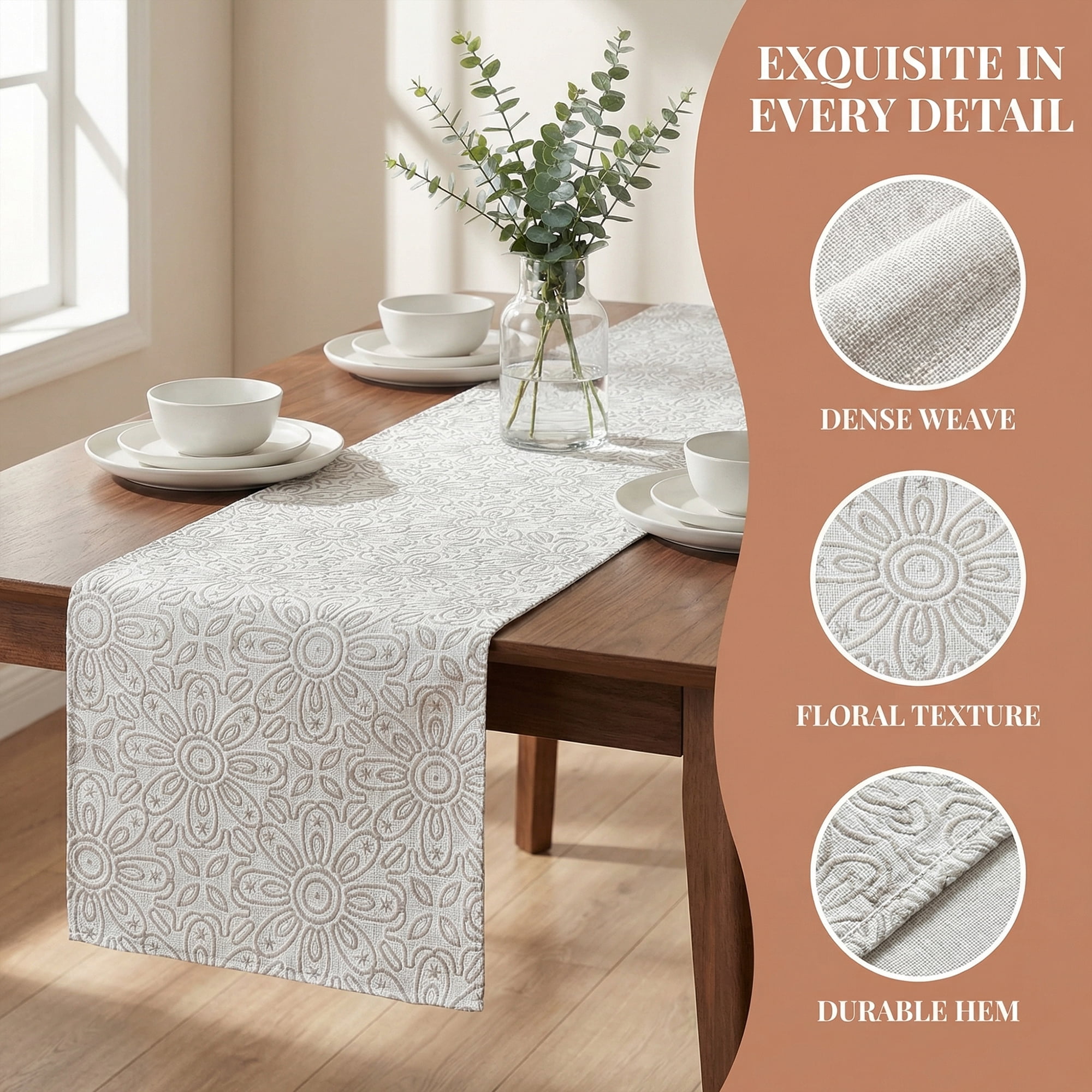 Unique Bargains Floral Elegant Polyester Kitchen Runner for Table Decor Gray 13.8"x82.7"
