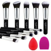 BEAKEY Makeup Brush Sets, Premium Synthetic Foundation Face Powder Blush Eyeshadow Kabuki Brush Kit, Makeup Brushes with Makeup Sponge and Brush Cleaner (10 2pcs, Black/Silver)