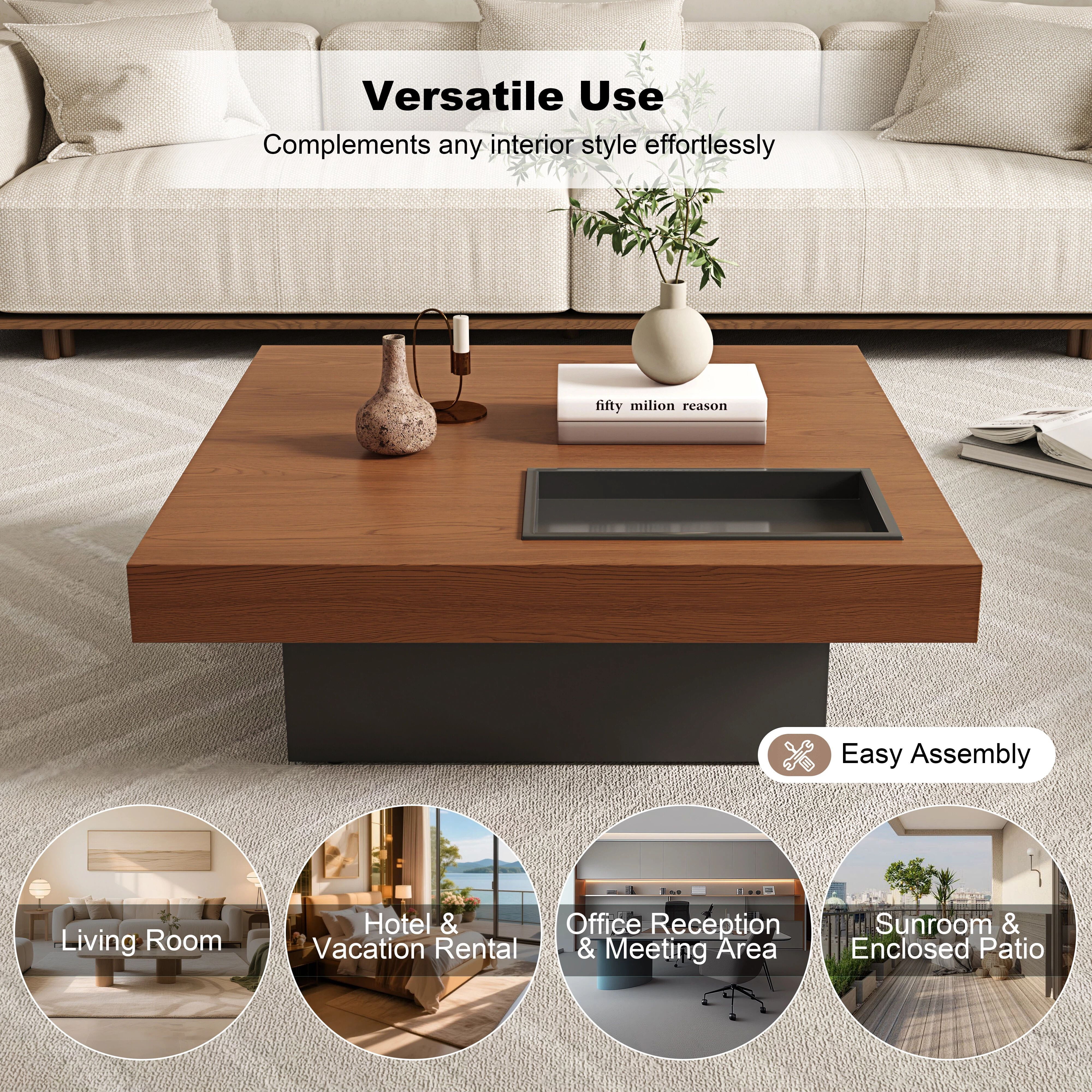 Euroco 35.43" Square Coffee Table with Storage, Mid-Century Modern Wooden Cocktail Table with Recessed Storage Tray for Living Room,Walnut