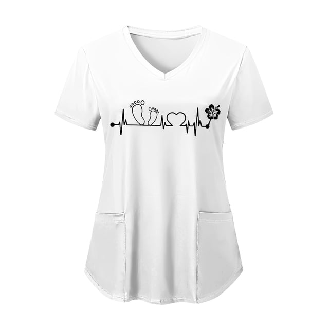 NIEWTR V Neck Pattern Print Scrub Tops Women Comfortable Durable Medical Uniform Blouses with 2-Pockets(White,XL)