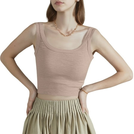 XADYUY Tube Tops for Teens with Built In Bra Double Lined U Neck Undershirts Sleeveless Slimming Sports Yoga Tank Tops Basic Cotton Yoga Top Khaki L