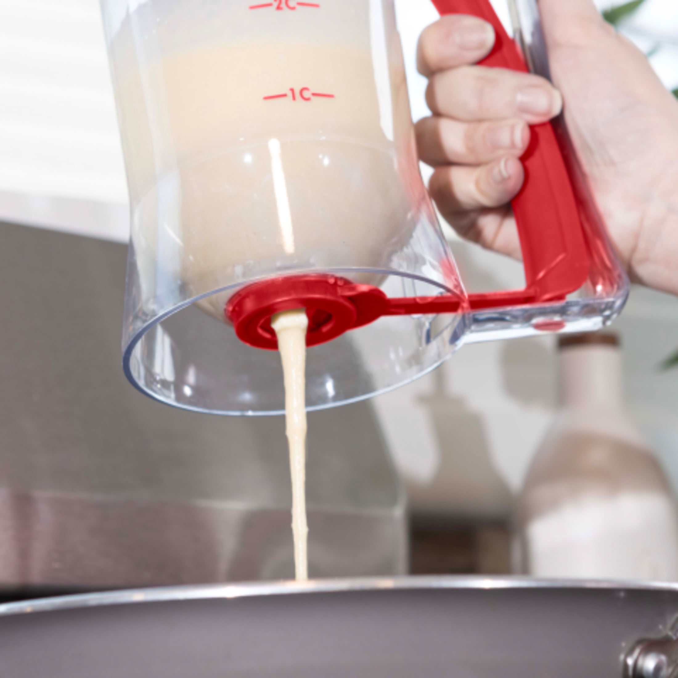 Chef Buddy 4-Cup Pancake Batter Dispenser with Squeeze Handle (Red)