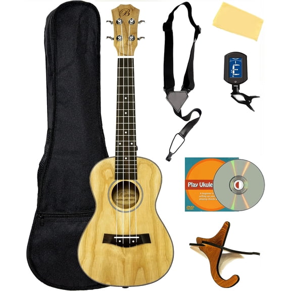 Barcelona Solid Top Ash Wood Concert Ukulele Bundle with Gig Bag, Tuner, Stand, Strap, Austin Bazaar Instructional DVD, and Polishing Cloth