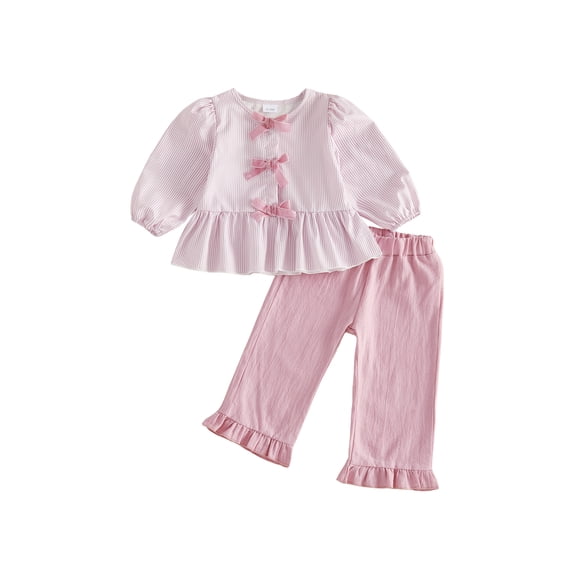 RUINIXCW Toddler Girls Fall Outfits Front Bow Striped Long Sleeve Shirt and Elastic Flare Pants Set 2 Piece Clothes