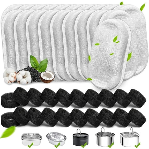 Cat Water Fountain Filters, 40 Pack Cat Fountain Replacement Filters for Stainless Steel 67oz/2L& 108oz/3.2L adjustable Water Flow Pet Water Fountain,Dog Water Fountain Filters(20 Filters& 20Sponges)