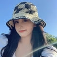 thumbnail image 4 of CoCopeanut Topi Bucket Rajutan Benang Jerami Tangan Topi Matahari Lembut Musim Semi Musim Panas Topi Pantai Wanita Topi Nelayan Bob Kotak-kotak Panama Wanita, 4 of 6