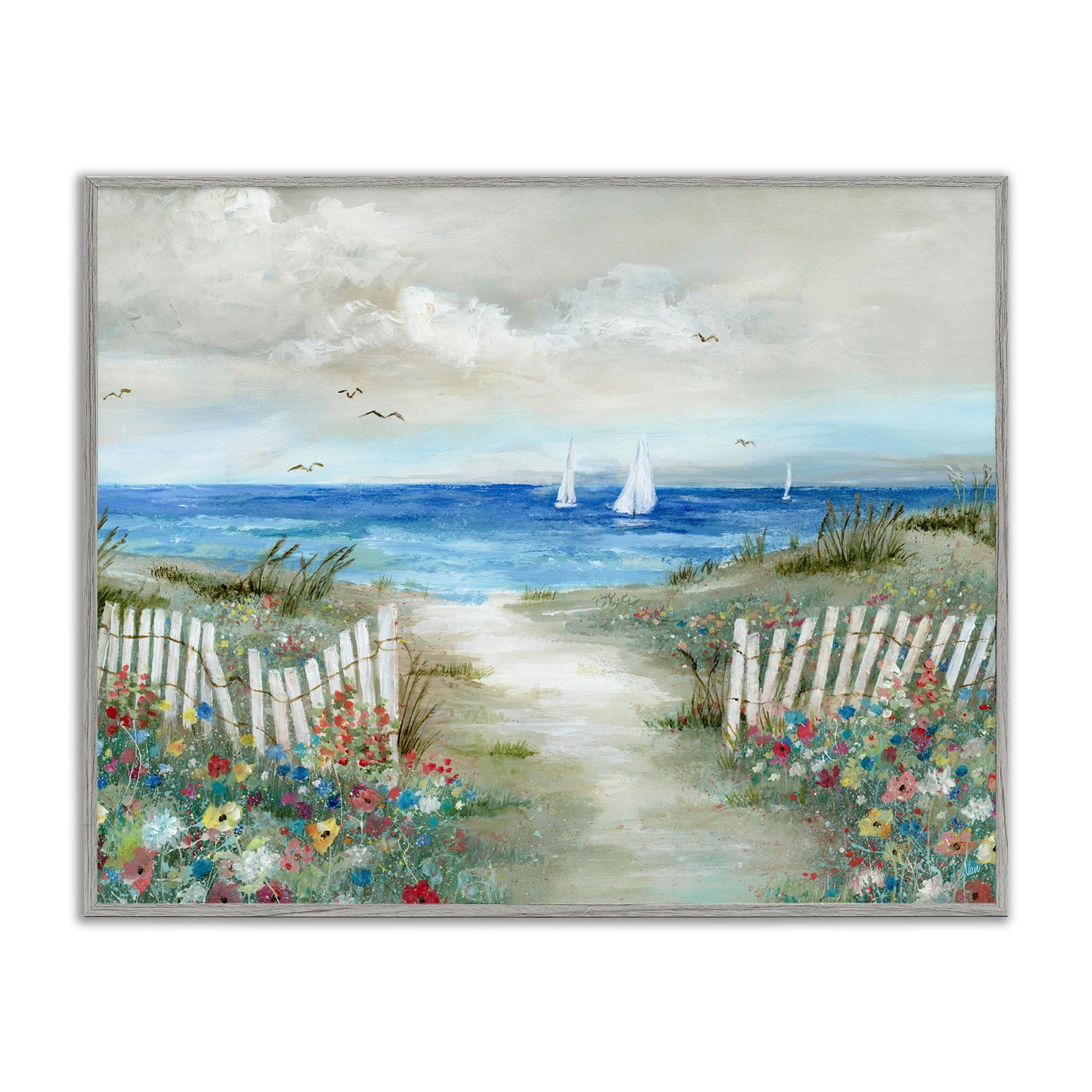 Stupell Industries Gorgeous Beach Scene Poppies Blooming White Fence Ocean , 20 x 16, Design by Nan