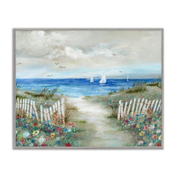 Stupell Industries Gorgeous Beach Scene Poppies Blooming White Fence Ocean Paintings Gray Framed Art Print Wall Art, 30x24, by Nan