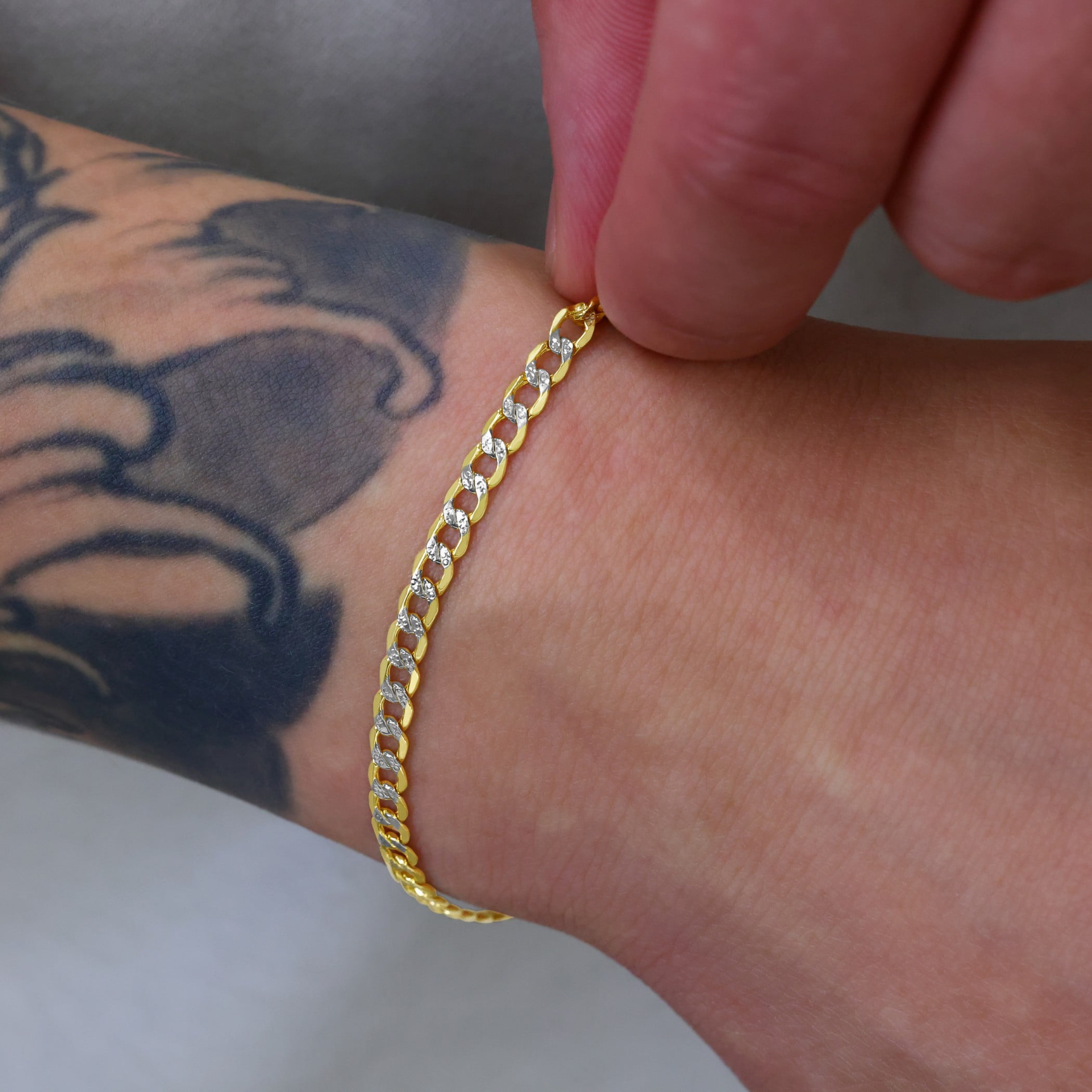 Nuragold 10k Real Yellow Gold Cuban Curb Link 3.5mm Diamond Cut Pave Chain Bracelet or Anklet (7"-9") Two Tone Italian Jewelry for Men & Women