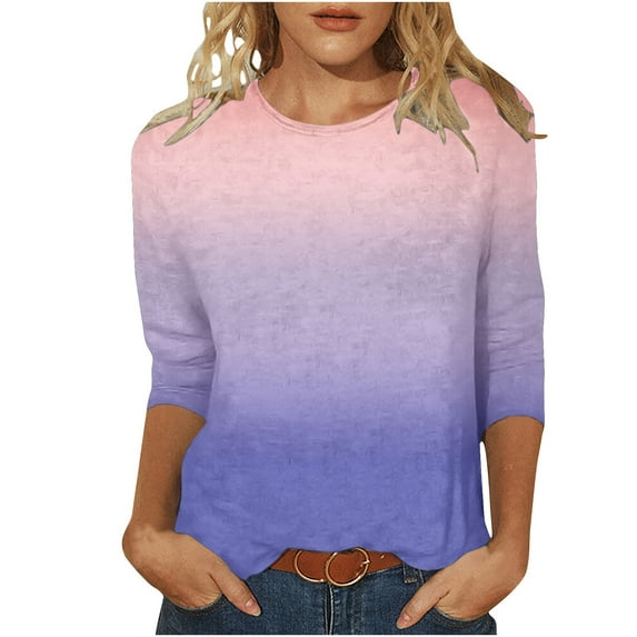 JGGSPWM Womens Long Sleeve Shirts Colorful Gradient Blouse Comfy Cotton Spring Fall Casual Tops Classic Fit Crewneck Pullover Purple L