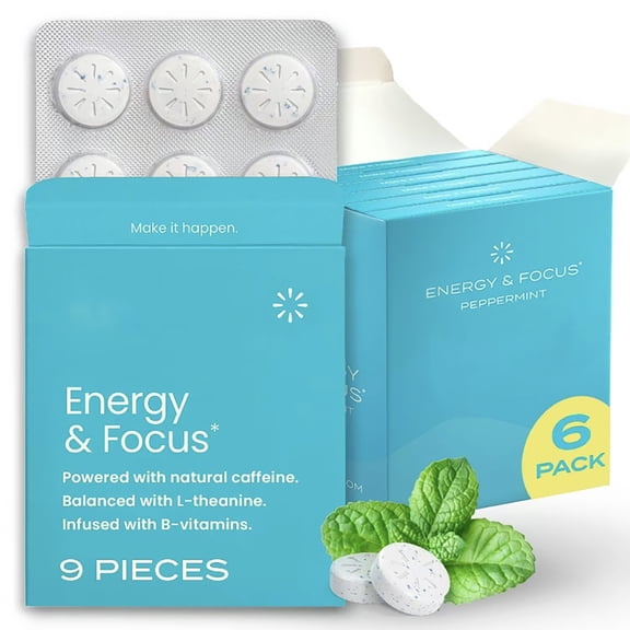 Energy & Focus Mints | Natural Caffeine, L-theanine & B-Vitamins | Peppermint Flavor | 9 Count (6-Pack)