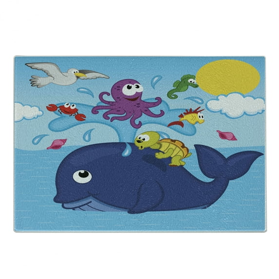 Whale Cutting Board, Marine Gang Octopus Crab Turtle Seahorse Pacific Sun Underwater Ocean Playroom Design, Decorative Tempered Glass Cutting and Serving Board, Small Size, Multicolor, by Ambesonne