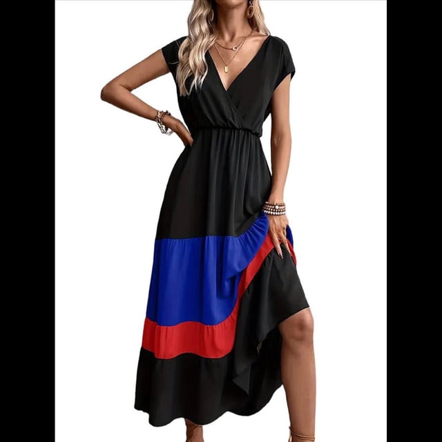 Vestido de Fiesta para Mujer, con Bloques de Color, Cintura Alta, Corta, Cuello en V, Informal, Fruncido y Bajo con Volantes Color 3 S