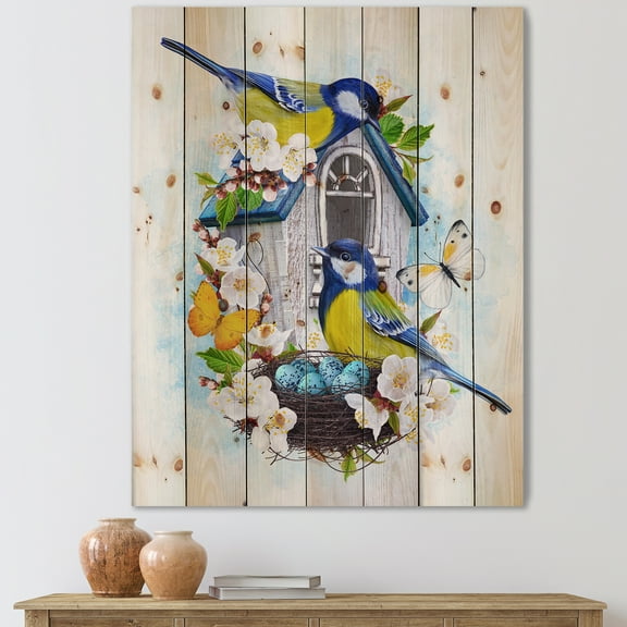 Designart 'Two Tit Birds Sitting Near The Nest With Eggs and White Flowers I' Traditional Print on Natural Pine Wood