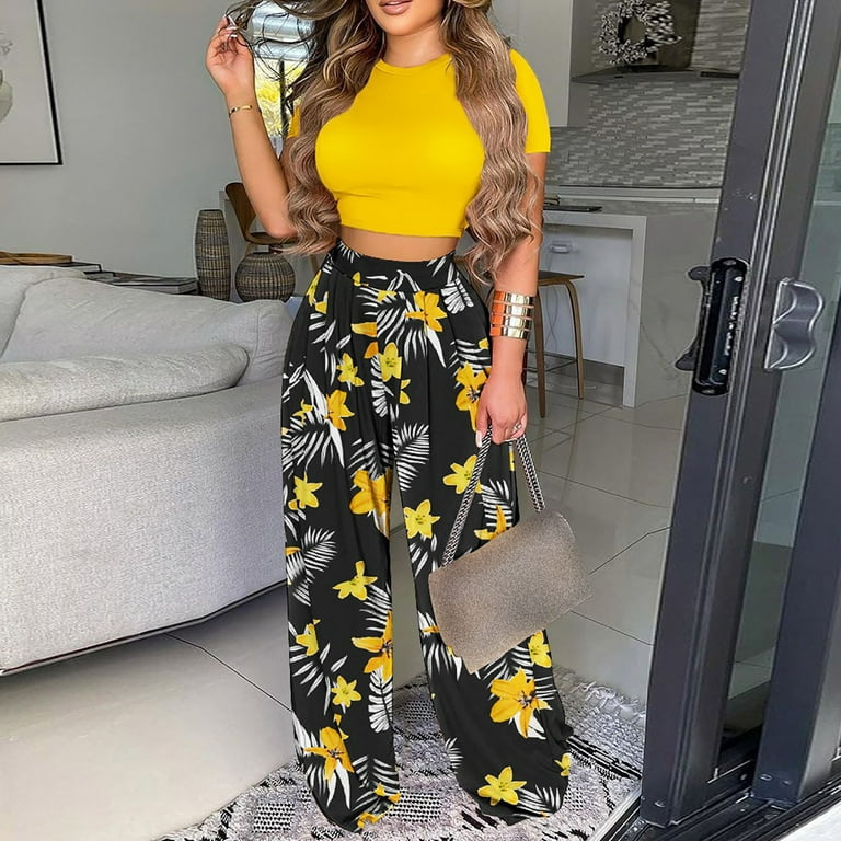 JGGSPWM Women's 2 Piece Floral Palazzo Pant Sets Short Sleeve Crewneck Crop  Tops Long Pants Metching Outfits Boho Style Vacation Going Out Set Yellow S  