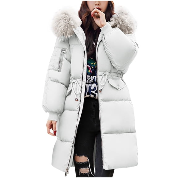 Women's Long Puffer Winter Coat 2025 Winter Trendy Warm Waist Drawstring Puffy Quilted Jackets With Faux Fur Hood