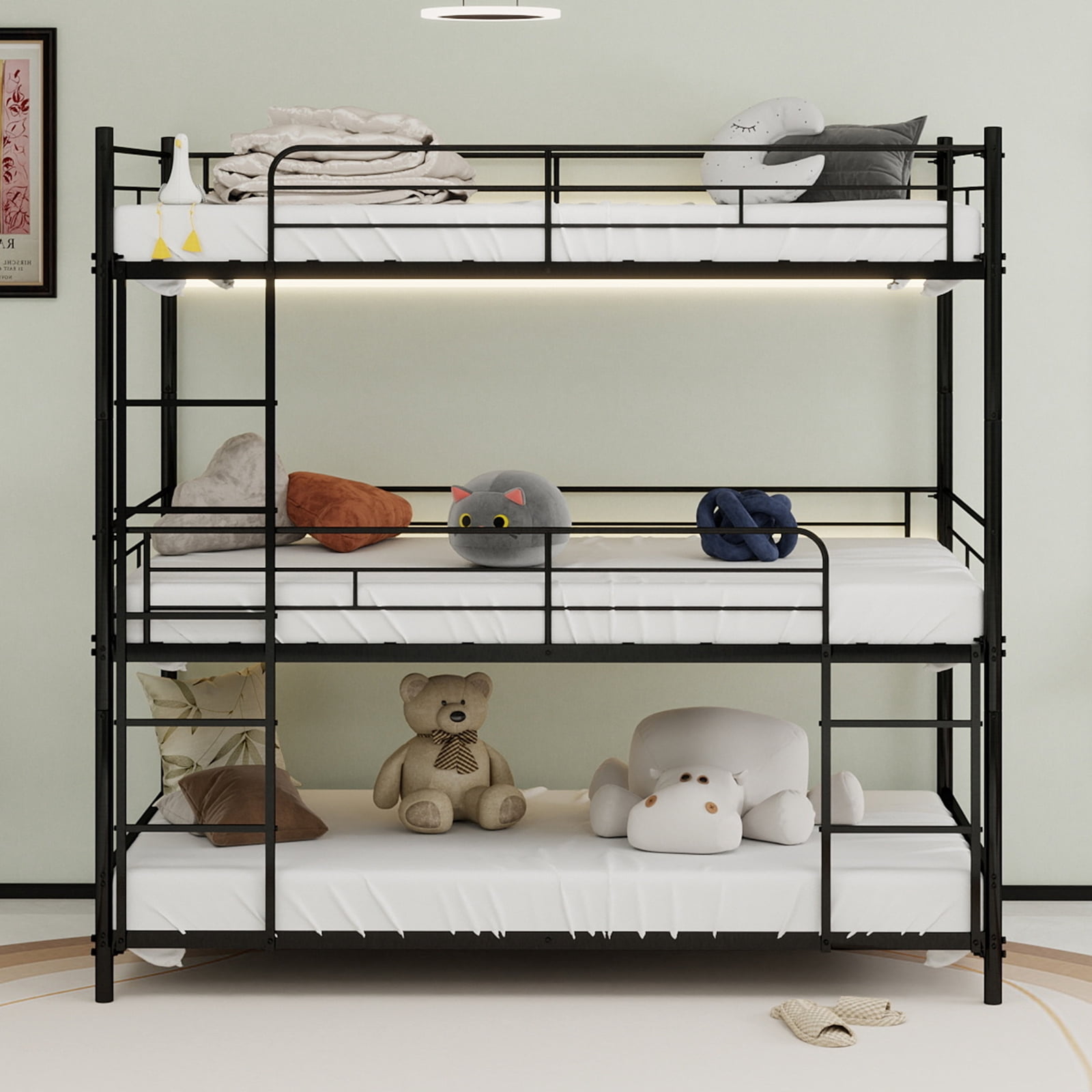 Alvantor Triple Bunk Bed for Kids Teens, Metal Twin Over Twin Over Twin Bed Framewith Ladders and Safety Guardrails Black