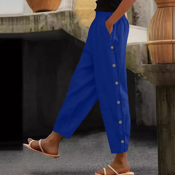 WILLBEST Pantalones Casuales para Mujer, con Botones, Cintura Alta, Pierna Ancha, Elásticos, con Cordón, Cómodos, Rectos, Largos, con Bolsillos. Mediana