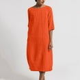 thumbnail image 1 of CHOK Robe en Coton et Lin pour Femmes Grande Taille Manches 3/4 Col Rond Coupe Ample Robe Midi Unie, 1 of 4