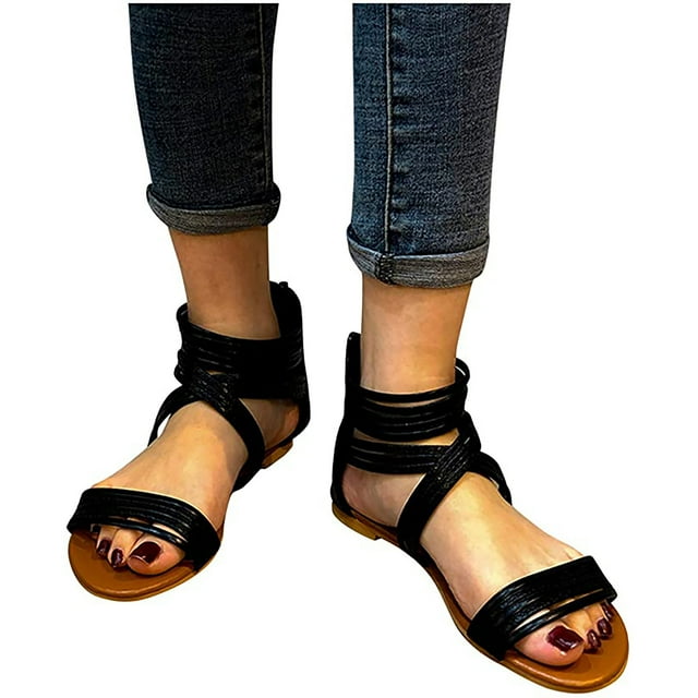 Zapato de punta redonda bohemio coreano plano con cremallera romana Wmkox8yii shjk449