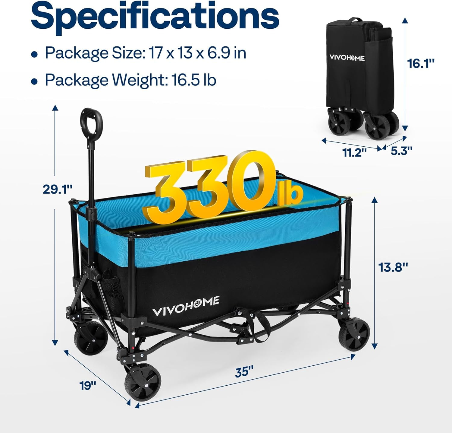 SPECSTAR 330lbs Collapsible Wagon Carts, 170L Utility Heavy Duty Foldable All-Terrain Wagons with Cup Holders