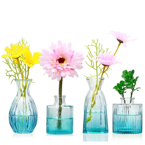 Glass Bud Vases Set of 4,Small Flower Vases for Wedding Centerpiece Table Decorations,Clear Vintage Embossed Mini Vases,Flower Arrangements in Vases for Party or Home Decor