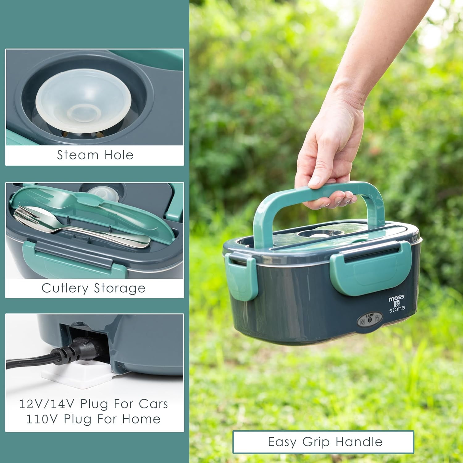 Moss & Stone Electric Lunch Box Food Heater for Adults Green & Gray Food Warmer Lunch Box, 12/24/110v Lunch Box Warmer Portable For Work/Car/Truck, Fork & Spoon & 1.5L Removable S.S Container
