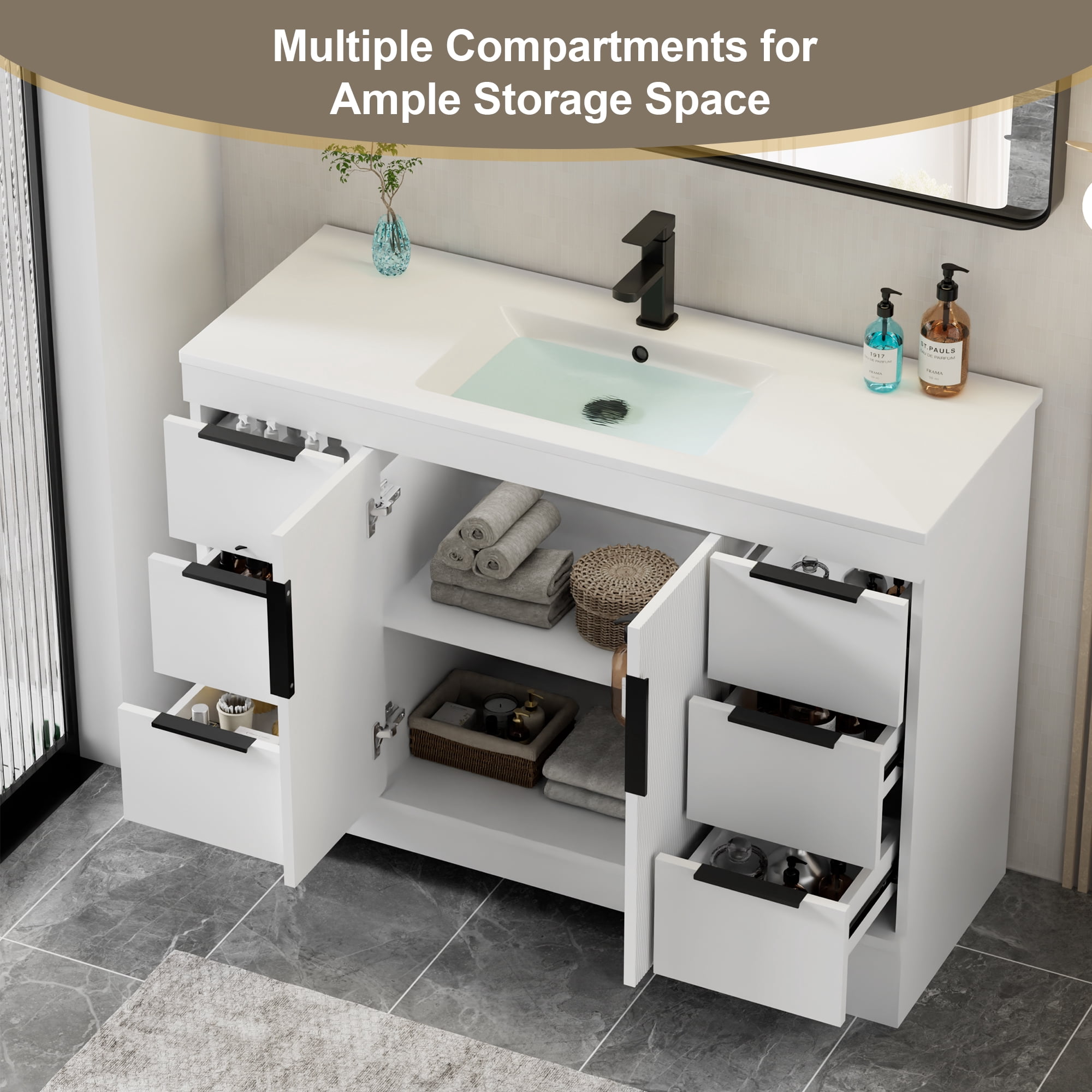 Eclife 48-inch Double Sink Bathroom Vanity with Integrated Tops, Soft-Close Hinges, Fluted Door Design, Mid-Century Modern