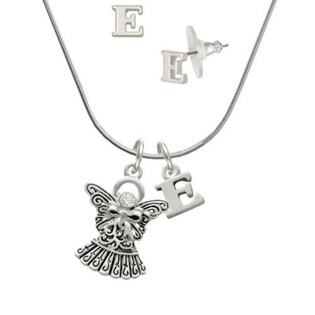 Right Angle Stud - Antiqued Angel with Bow & Crystal - E Initial Charm Necklace and Stud Earrings Jewelry Set
