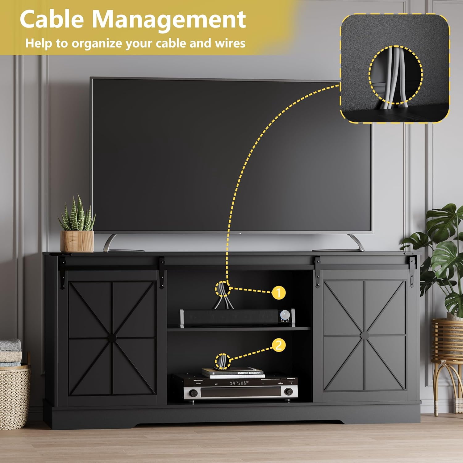 FANRAL Farmhouse TV Stand with Sliding Barn Doors,Rustic Entertainment Center for 65 Inch TV,Media Console with Storage Cabinets & Cable Holes for Living Room,Black TV Stand