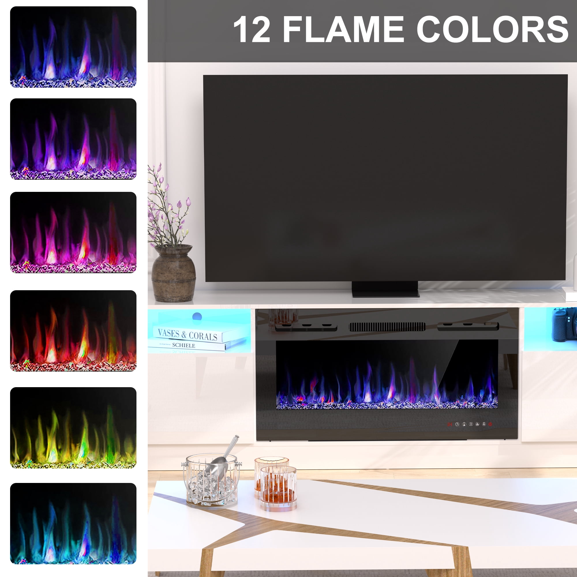 HARIPUL 70" Fireplace TV Stand for TVs Up to 80" with 36" Electric Fireplace, TV Console for The Living Room, LED Light Entertainment Center, Storage Cabinet, Media Console Table, White